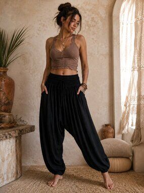 Flower Black Rayon Balloon Harem Pants Free Size Medium Boho Drawstring Pockets